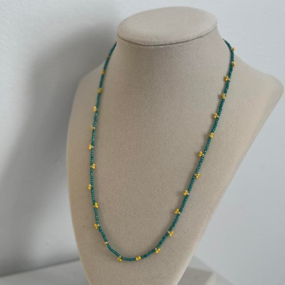 Green Yellow Beaded Necklace Handmade Colorful Jewelry Unique Artisan Gift - Picture 3 of 4